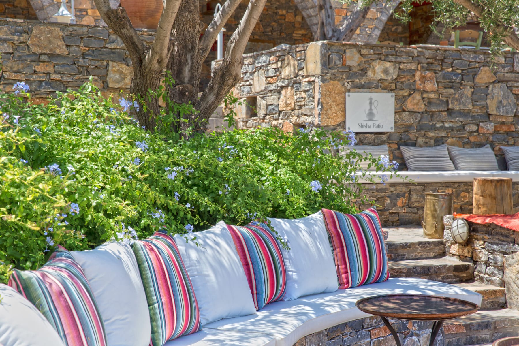 a couch with pillows and a tree